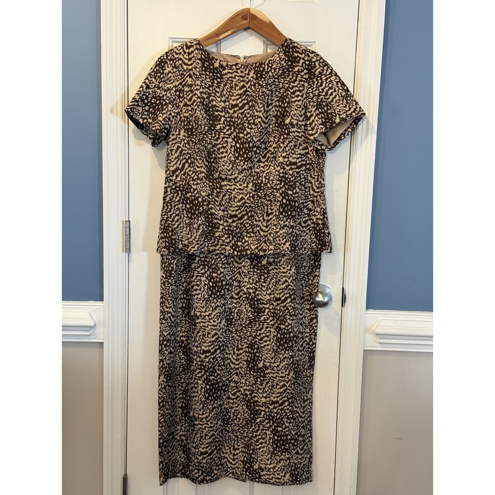 Vintage‎ Mosaic 100 % Silk Brown Animal Print 10P Long Classic Dress Classy